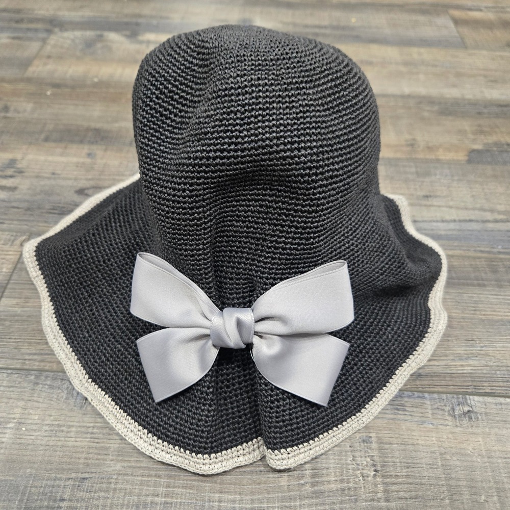 Womens Crochet Straw Bucket Sun Hat Black Wide Brim Grey Bow Edge Resort Coastal